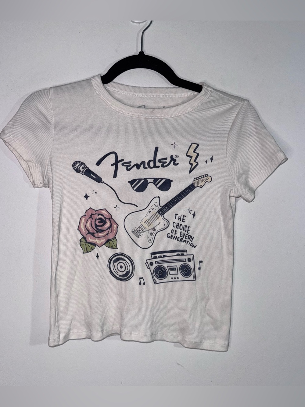 Fender XL 14 Graphic Baby Tee Guitar Rose Y2K Rockstar Indie Sleaze Shirt
